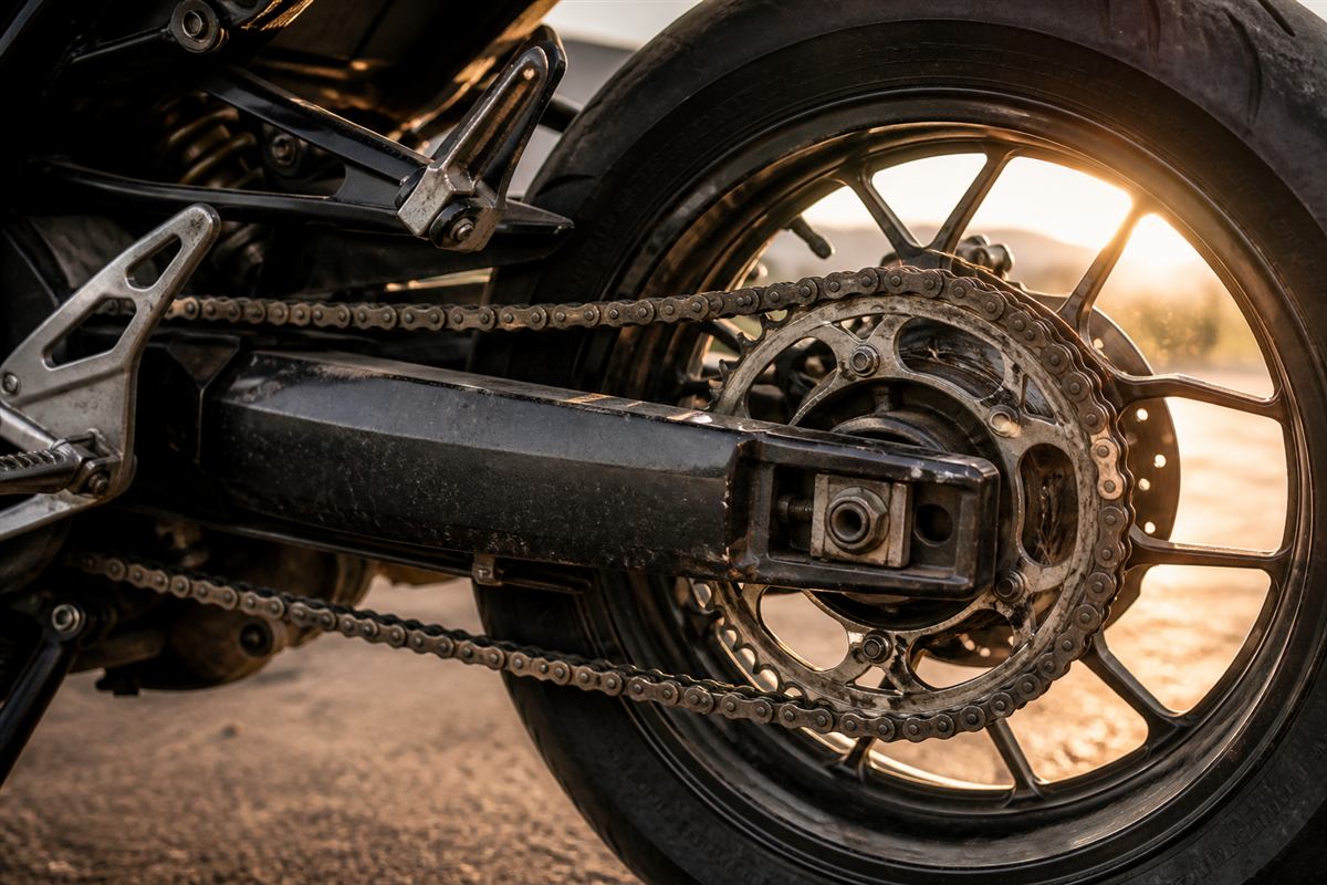 Detalhe de roda e corrente de motocicleta usada