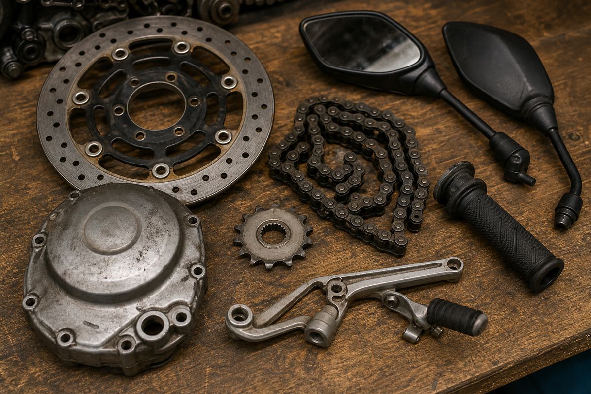 Peças usadas de motocicleta sobre bancada